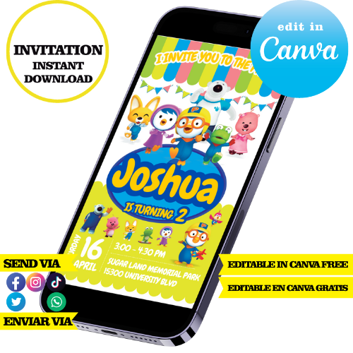 Pororo editable template, Canva editable instant digital download, PDF invitation