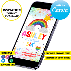 Rainbow editable template, Canva editable instant digital download, PDF invitation