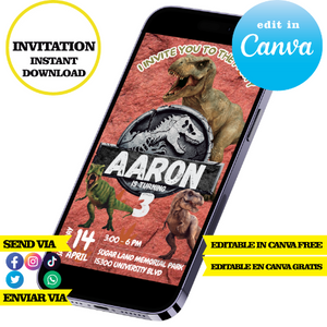 Dinosaurs editable template, Canva editable instant digital download, PDF invitation