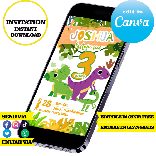 Baby Dinos, editable template, Canva editable instant digital download, PDF invitation