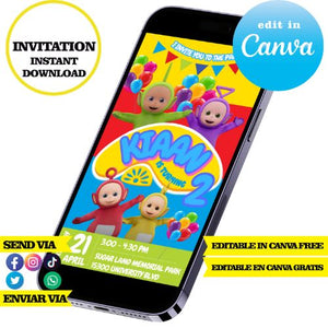 Teletubbies, editable template, Canva editable instant digital download, PDF invitation