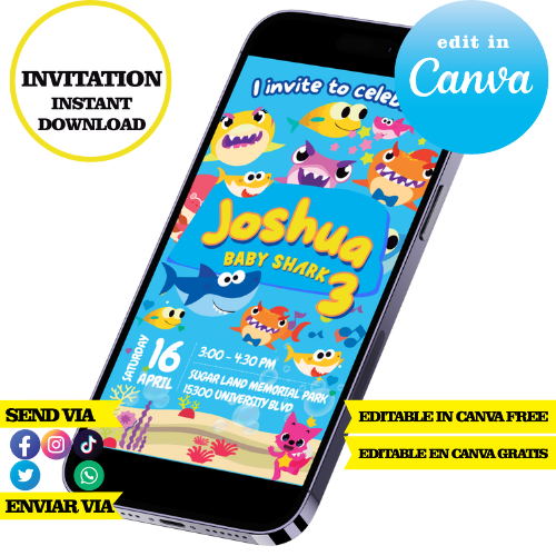 Baby Shark, editable template, Canva editable instant digital download, PDF invitation