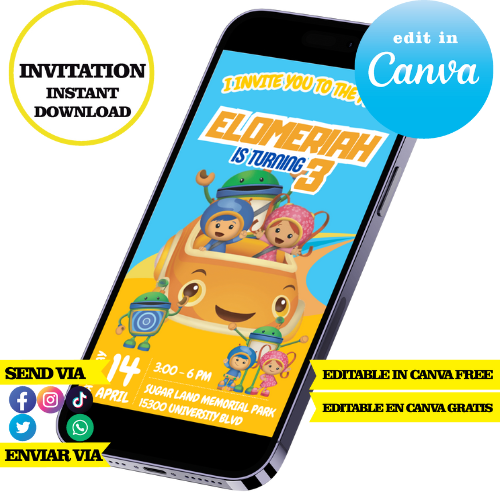 Team Umizoomi editable template, Canva editable instant digital download, PDF invitation