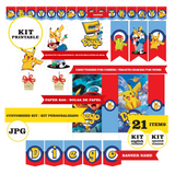 Pokemon - Pikachu, printable kit, 21 pieces, JPG - red and blue