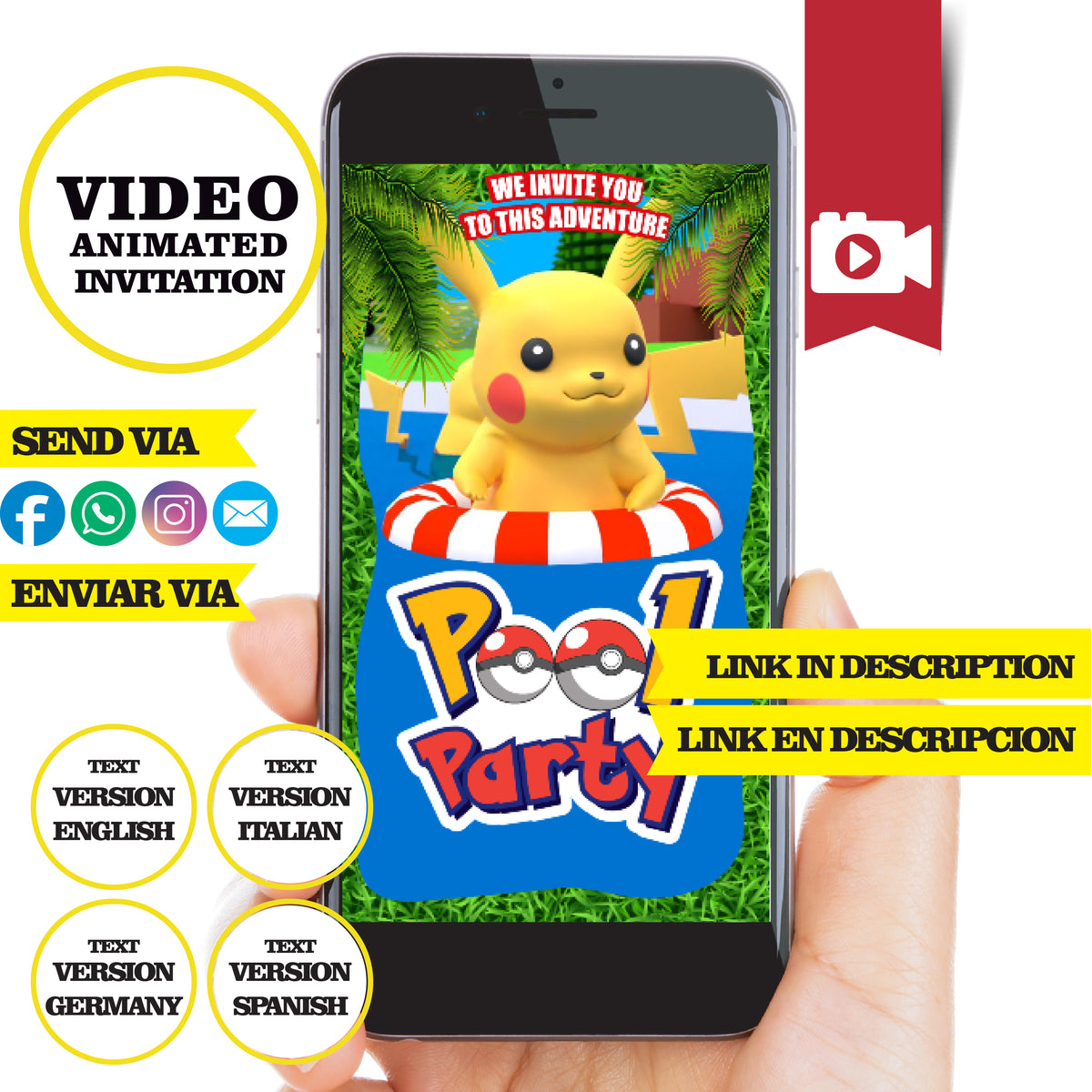 Pikachu, pool party, Animated video Invitation – Phigraphic