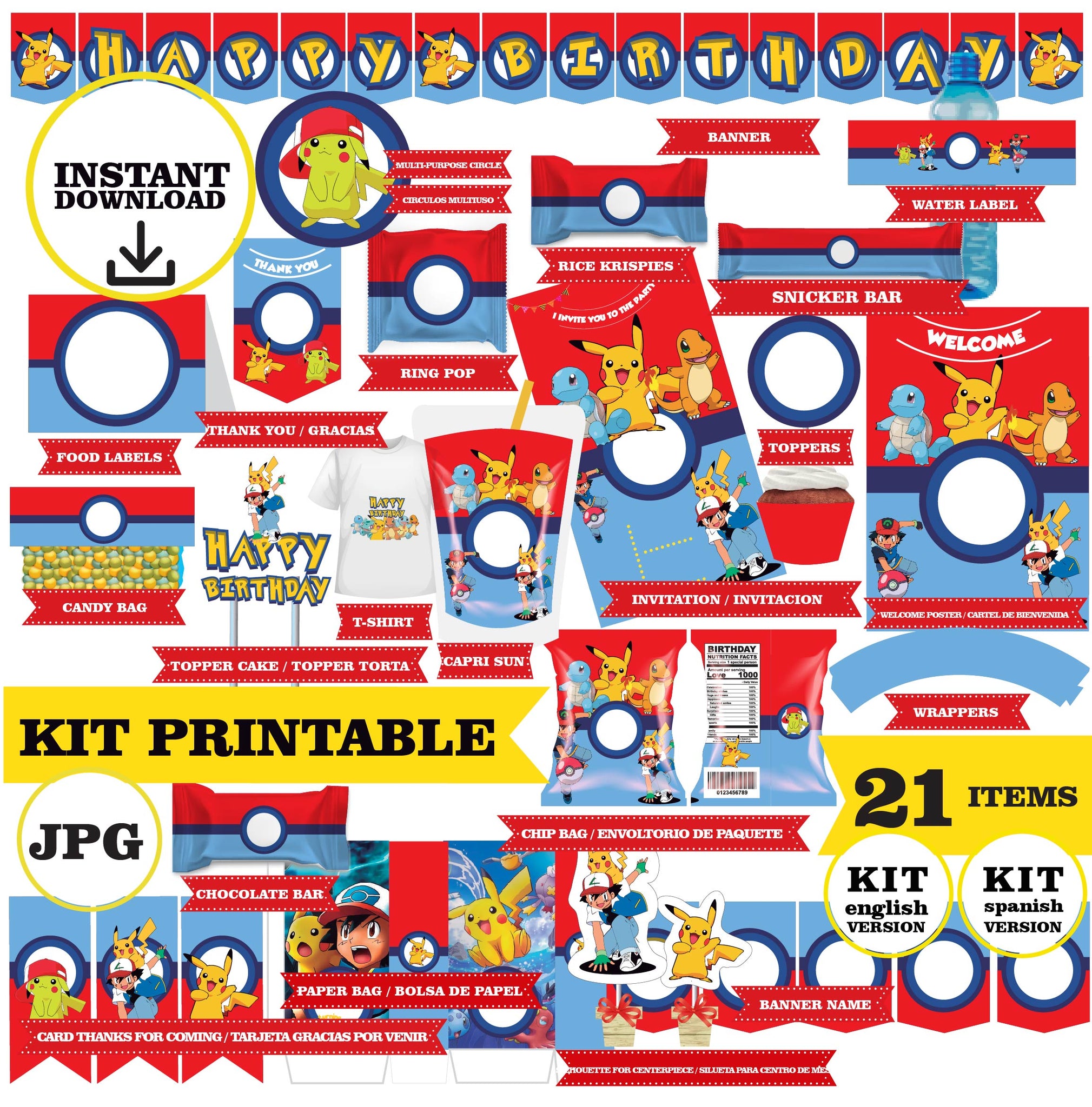 Pokemon, printable kit, 21 pieces - INSTANT DOWNLOAD | Phigraphic Pokemon, printable kit, 21 pieces - INSTANT DOWNLOAD | Phigraphic