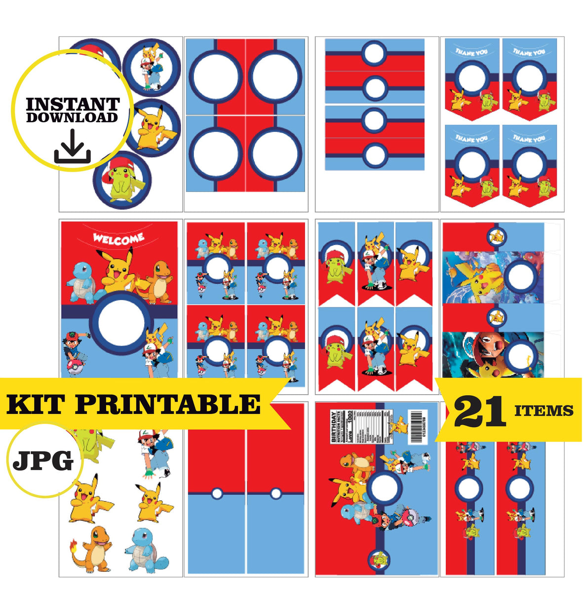 Pokemon, printable kit, 21 pieces - INSTANT DOWNLOAD | Phigraphic