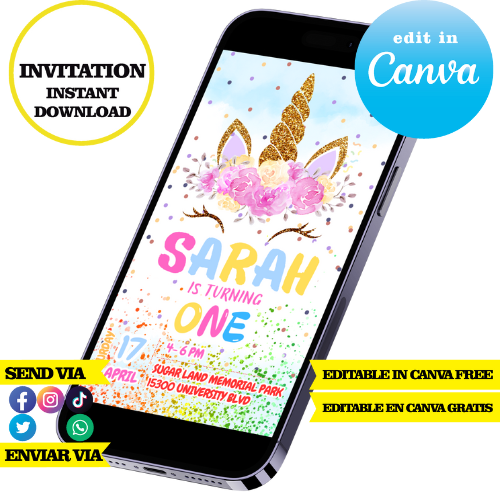 Unicorn editable template, Canva editable instant digital download, PDF invitation