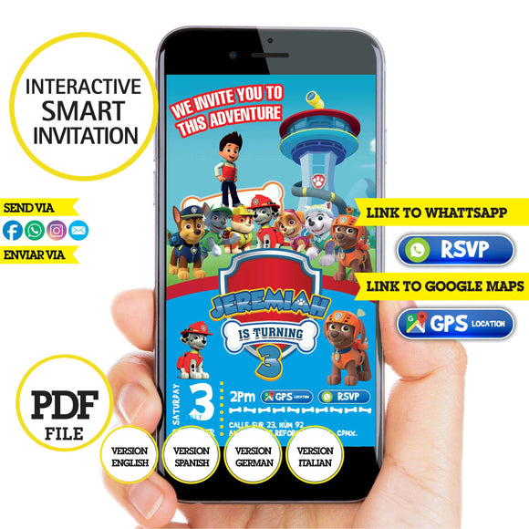 Paw patrol, inteligent invitation, interactive invitation, PDF