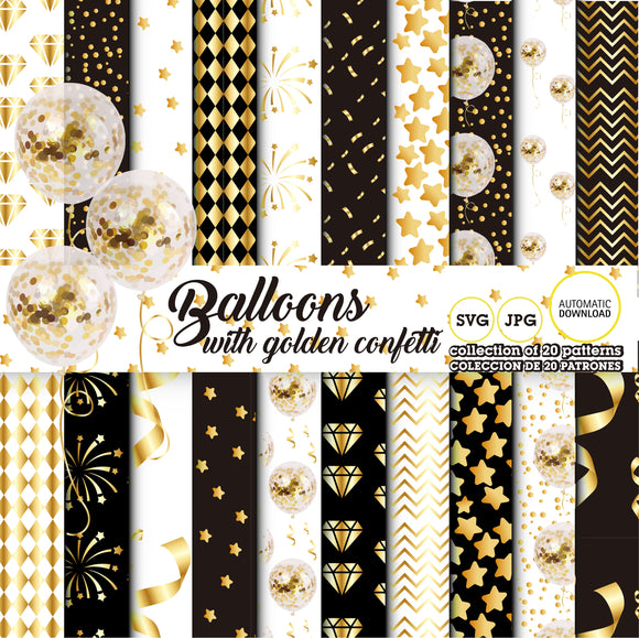 Globos con confetti dorado, 20 papeles digitales de descarga inmediata, Archivo SVG, 20 archivos JPG de 300 dpi, Dorado, blanco y negro