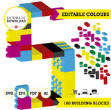 Bloques de construcción clipart 3d, 180 piezas de bloques svg, pdf, eps, ai editable. 6 colores editables. Descarga inmediata