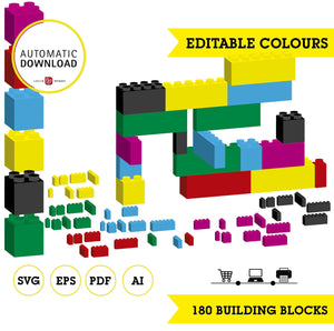 Bloques de construcción clipart 3d, 180 piezas de bloques svg, pdf, eps, ai editable. 6 colores editables. Descarga inmediata