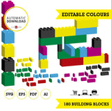 Bloques de construcción clipart 3d, 180 piezas de bloques svg, pdf, eps, ai editable. 6 colores editables. Descarga inmediata