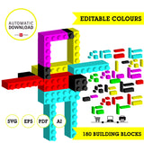 Bloques de construcción clipart 3d, 180 piezas de bloques svg, pdf, eps, ai editable. 6 colores editables. Descarga inmediata