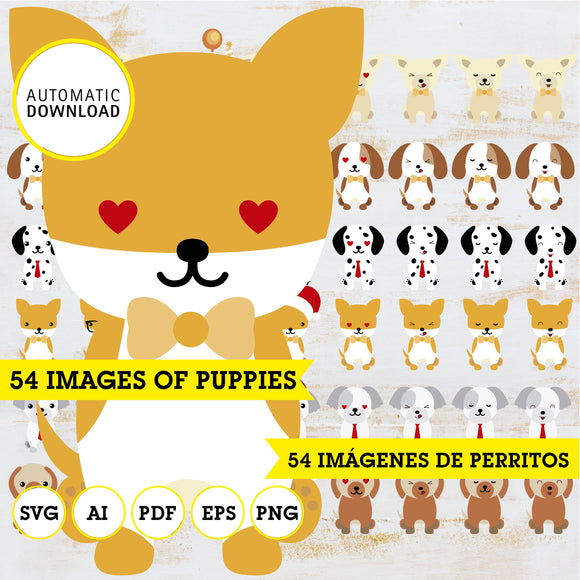 Perro cachorros Clipart, 54 imágenes, SVG, vector, cricut, ai, pdf, eps, PNG, 300 dpi con fondo transparente, cachorros kawaii