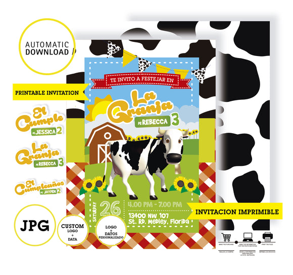 La Vaca Lola, La granja de Zenón tarjeta con datos personalizados, tarjeta imprimible de la vaca Lola, descargable. Formato JPG