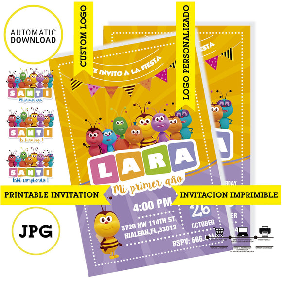 Bichikids invitación,  logo y texto personalizados, Bichikids JPG, invitación digital y para imprimir, cumpleaños temáticos