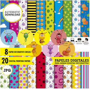 Bichikids papeles digitales + 8 círculos toppers , Bichikids JPG 300 dpi, descarga digital, cumpleaños temáticos