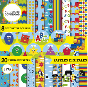 Bob el tren, 20 papeles digitales, 9 circulos toppers imprimibles, JPG 300 dpi, DESCARGA INMEDIATA