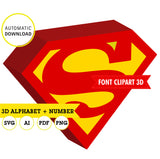 Superman alfabeto, letras y números clipart 3d, png fondo transparente, SVG, AI, PDF, vector (Editable), Descarga inmediata