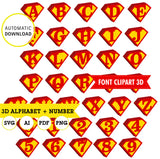 Superman alfabeto, letras y números clipart 3d, png fondo transparente, SVG, AI, PDF, vector (Editable), Descarga inmediata