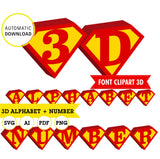 Superman alfabeto, letras y números clipart 3d, png fondo transparente, SVG, AI, PDF, vector (Editable), Descarga inmediata