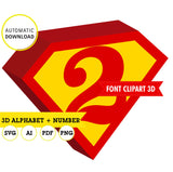 Superman alfabeto, letras y números clipart 3d, png fondo transparente, SVG, AI, PDF, vector (Editable), Descarga inmediata