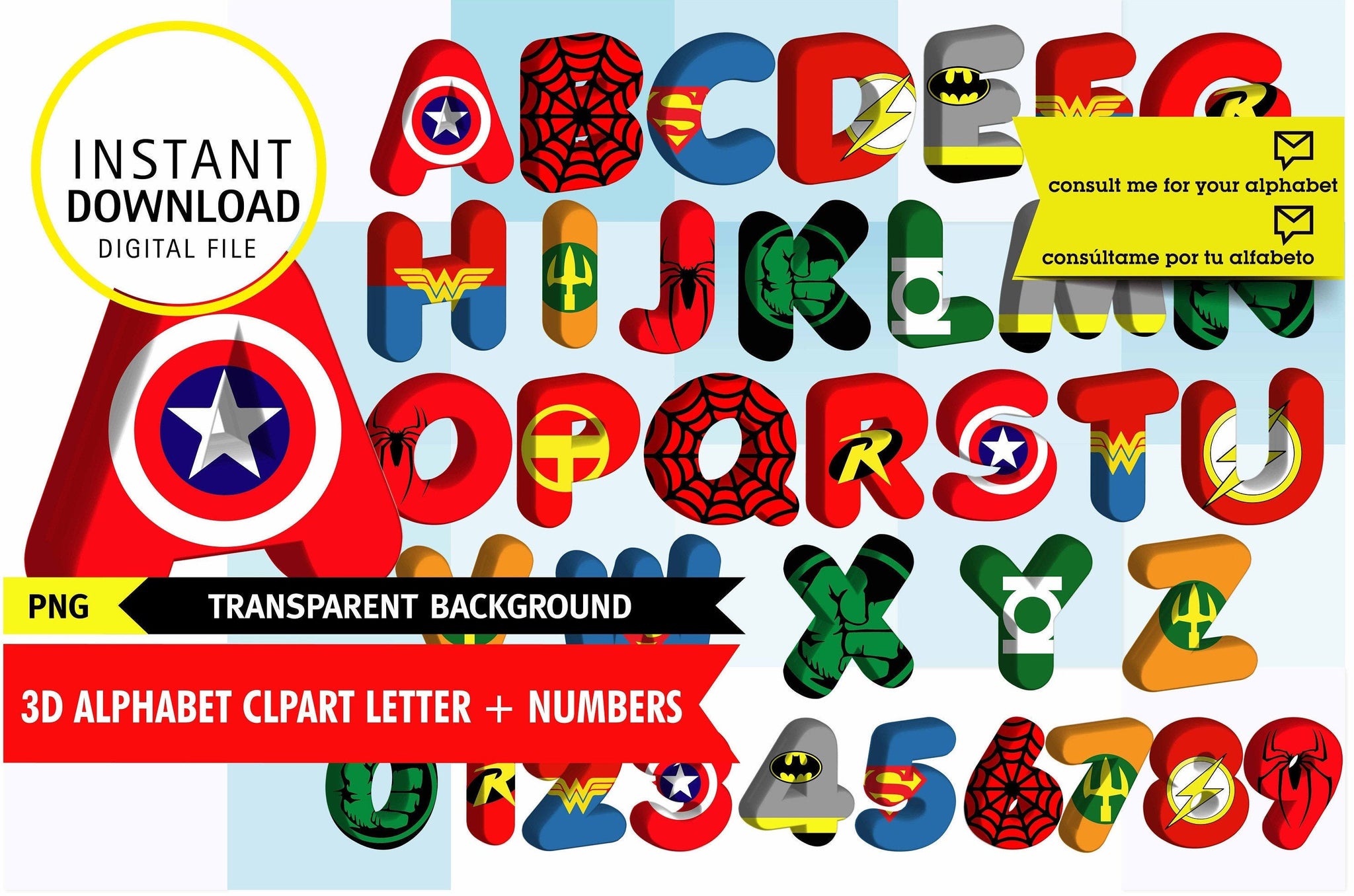 Super hero MARVEL Inspired Printable Alphabet Clipart – PNG Letters ...