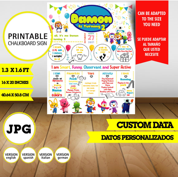 Pororo, cartel de pizarra, logotipo personalizado, pizarra imprimible, 16 X 20 pulgadas JPG, datos personalizados